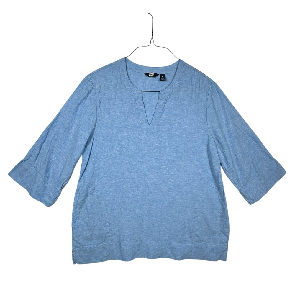 Lands End Linen Tunic Blouse Womens Size XL Blue 3/4 Sleeve V Neck with Pockets